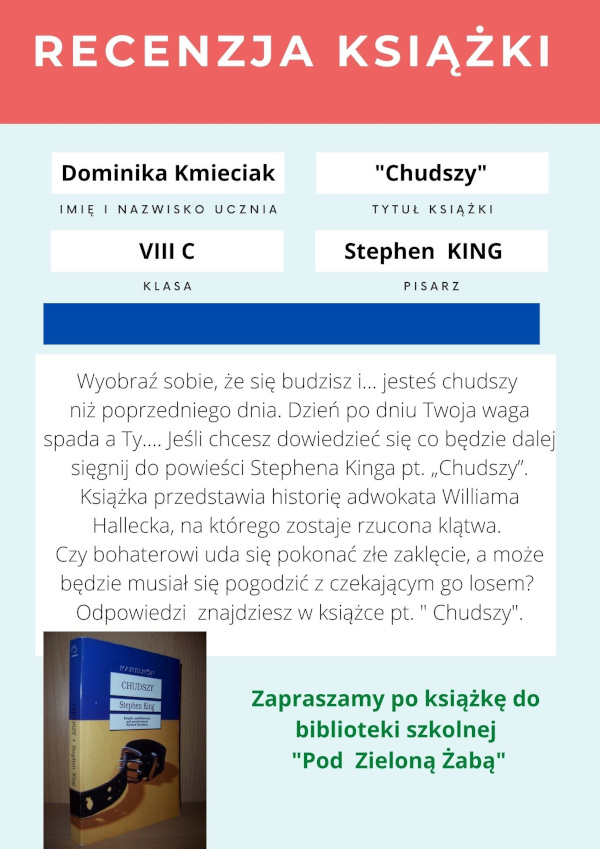 Plakat Recenzja książki pt. 'Chudszy' Stephen King wykonany w canvie