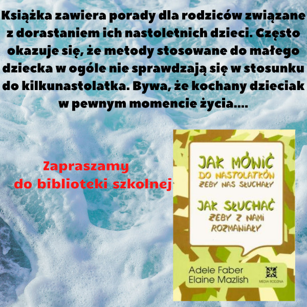 okładka książki:'Jak mówić do nastolatków, żeby nas słuchały. Jak słuchać żeby z nami rozmawiały' umieszczona na plakacie na tle nieba z białymi chmurkami.