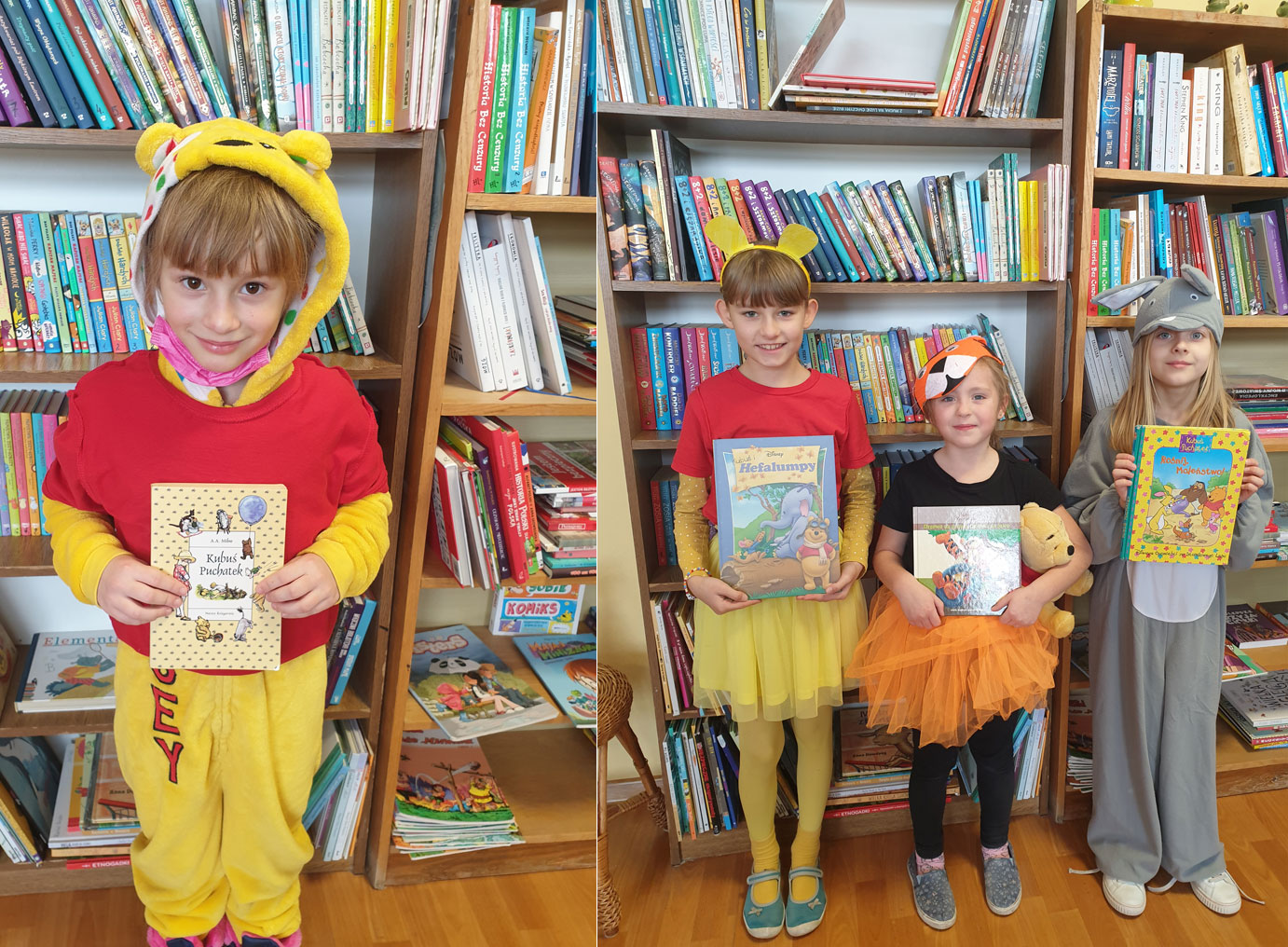 Dzieci stoją na tle półek z książkami, trzymają książki o Kubusiu Puchatku.