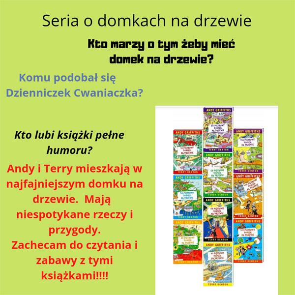Żółte tło, okładki książek, napisy dotyczące serii książek o domkach na drzewie