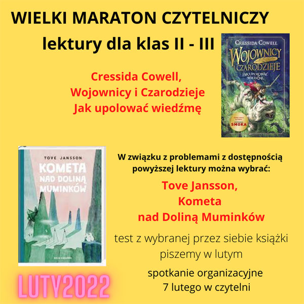 Plakat - Lektury na styczeń klasy II - III