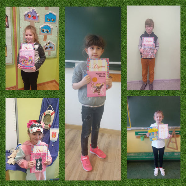 Kolaż zdjęć - 4 dziewczynki, jeden chłopiec. dzieci trzymają w dłoniach dyplomy.