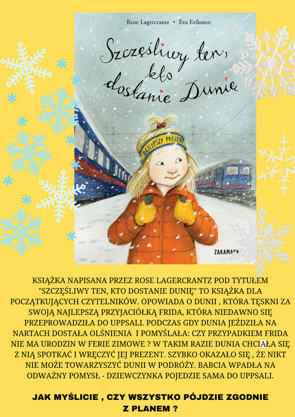 Żółte tło, białe i jasnoniebieskie gwiazdki, okładka książki 'Szczęśliwy ten, kto dostanie Dunię'', recenzja książki napisana czarną czcionką