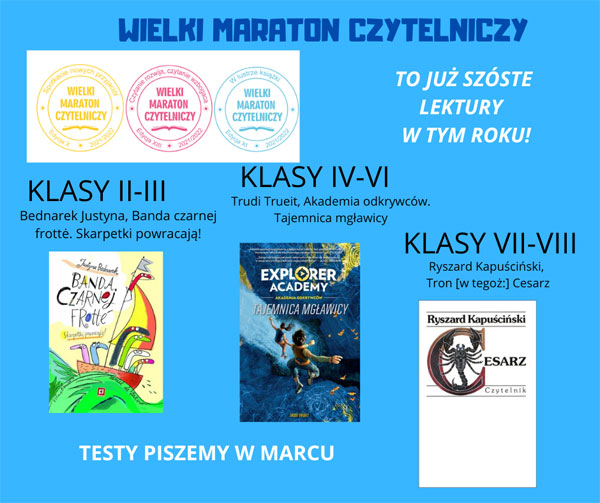 Plakat - niebieskie tło, czarne, czerwone i białe napisy, okładki książek