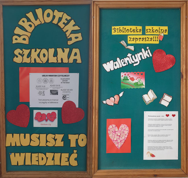 Zielone tło, żółte, białe i czarne napisy, czerwone serduszka, biale książeczki.