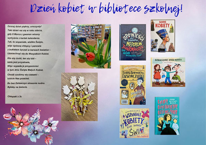 Gradientowe tło od ciemnego różu do jasnoniebieskiego, niebieski napis, zdjęcia kwiatów, okładki książek.