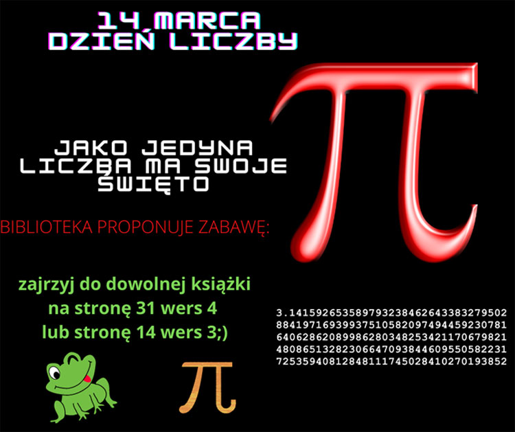 Czarne tło białe, czerwone i jasnozielone napisy, czerwona liczba PI, zielona żaba.