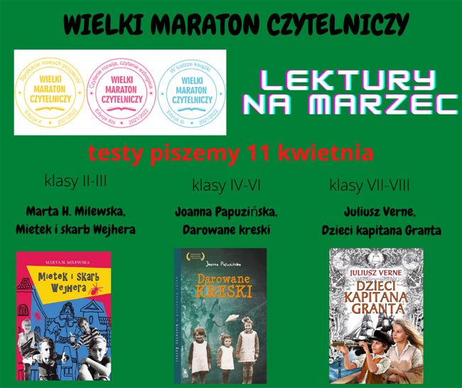 Plakat - zielone tło, czarne, czerwone i białe napisy, okładki książek