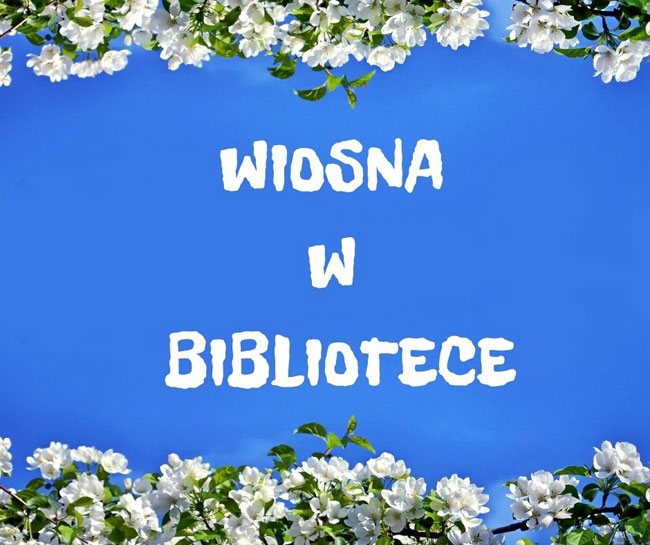 Niebieskie tło, białe napisy, u góry i na dole gałązki z białymi kwiatami.