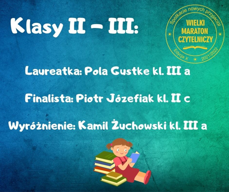 Plakat - niebiesko-zielone tło, białe i żólte napisy, grafika - dziewczynka oparta o ksiązki.