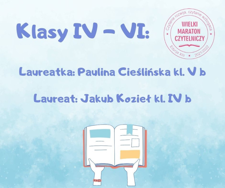 Plakat - jasnoniebiesko tło, ciemnoniebieskie i fuksjowe napisy, grafika - otwarta książka.
