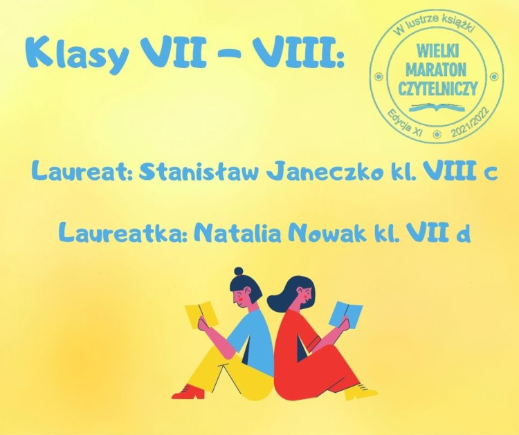 Plakat - żółte tło, niebieskie napisy, grafika - mężczyzna i kobieta z książkamiw dłoniach.