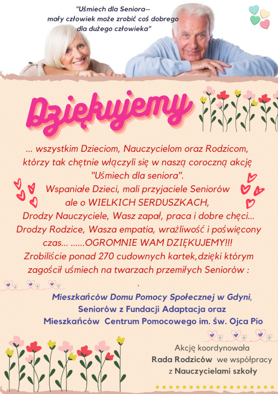 Plakat z podziękowaniami za uczestnictwo w akcji Uśmiech dla seniora