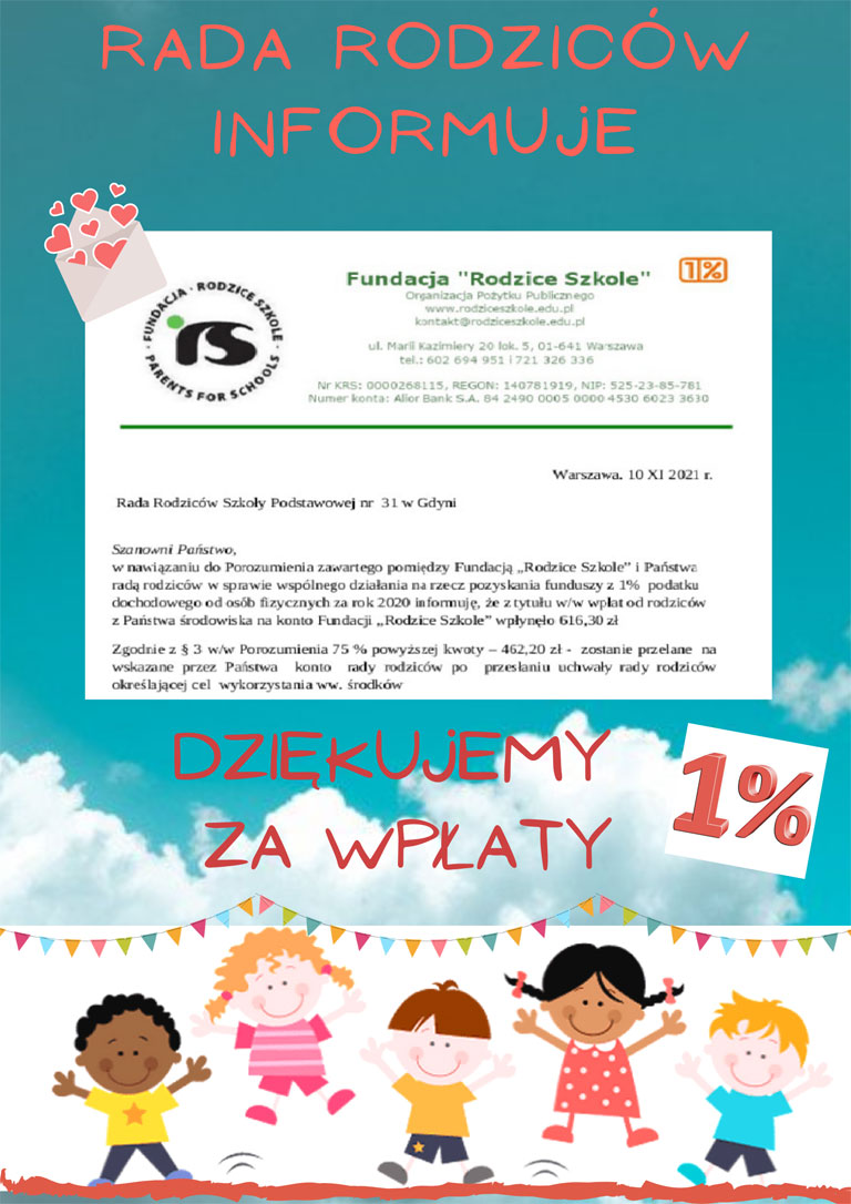 Plakat - informacja dotycząca kwoty wpłaty na RR z odpisu 1% z podatku.