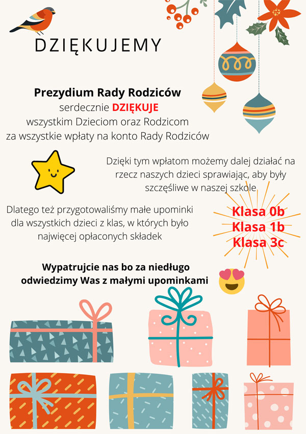 Plakat - podziękowanie dla rodziców za wpłaty na RR.