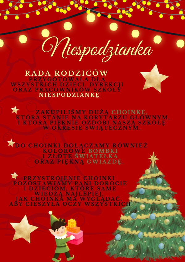 Plakat - czerowne tło, złote gwiazdki, żółte światełka, elf niosiący prezenty,choinka przybranabombkami i łańcuchem.