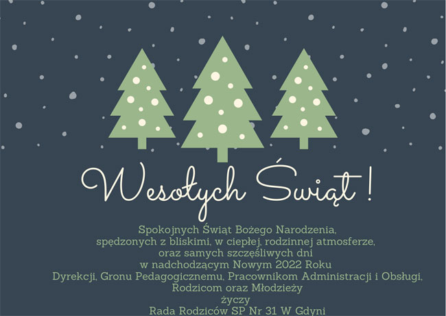 Czarne tło, szare kropki, jasnozielona choinka z jasnożóltymi bombkami, życzenia napisane jasnozieloną czcionką.