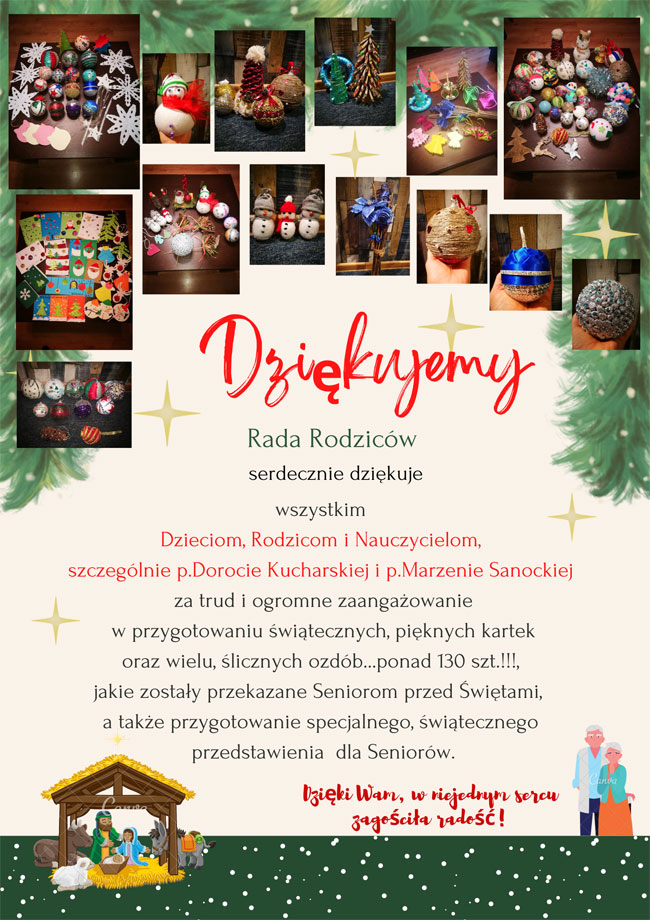 Kremowe tło, czerwone i czarne napisy, zdjęcia ozdób świątecznych.