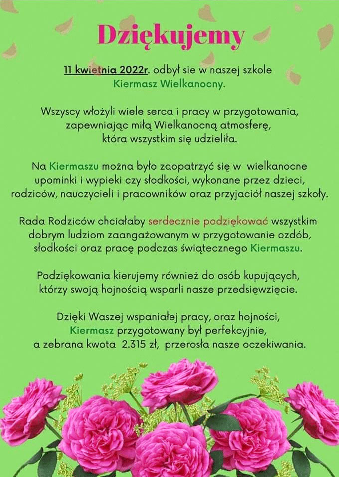 Jasnozielone tło, fuksjowe, granatowe i zielone napisy, różowe róże.