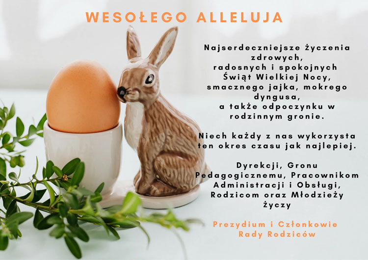 Jasnoszare tło, pomarańczowe i czarne napisy, zając, jajko w białym kieliszku, gałązka bukszpanu.