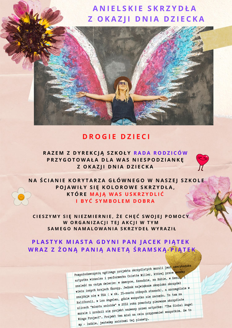 Plakat - jasnorózowe tło, czerwone, fioletowe i czarne napisy, zdjęcie kobiety z kolorowymi skrzydłami, białe skrzydła, serduszka, kwiaty.