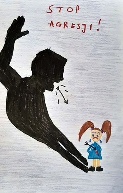 Plakat - z lewej strony czarna postać, która krzyczy. Obok mała płacząca dziewczynka. U góry napis Stop agresji.