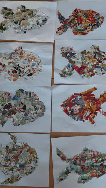 Ryby - wydzieranki z kolorowych gazet.