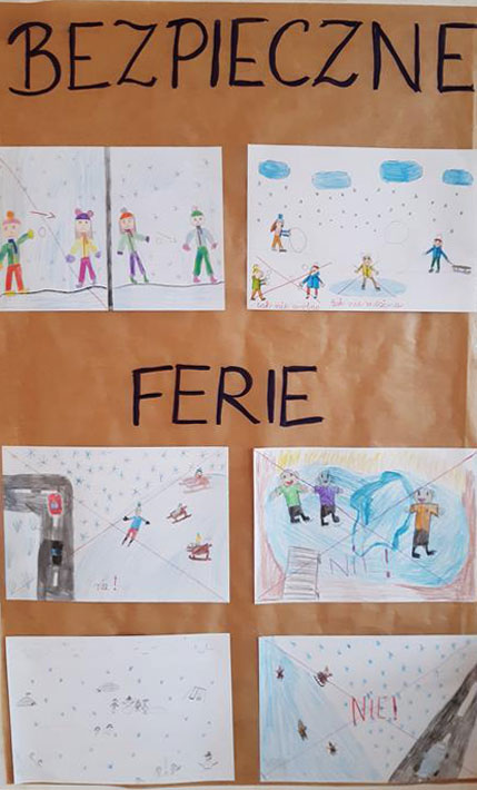 Brązowe tło, czarne napisy, rysunki dzieci związane z feriami.