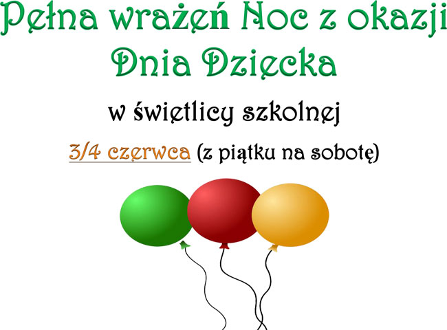 Białe tło, zielone, czarne i złote litery, litery, trzy baloniki: zielony, czerwony, żółty.