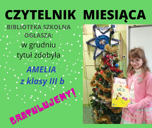 Plakat - zielone w białe kropki tło, czarne, szare, niebieski i fuksjowe litery, zdjęcie dziewczynki z dyplomem w dłoniach natle bożonarodzeniowej choinki.
