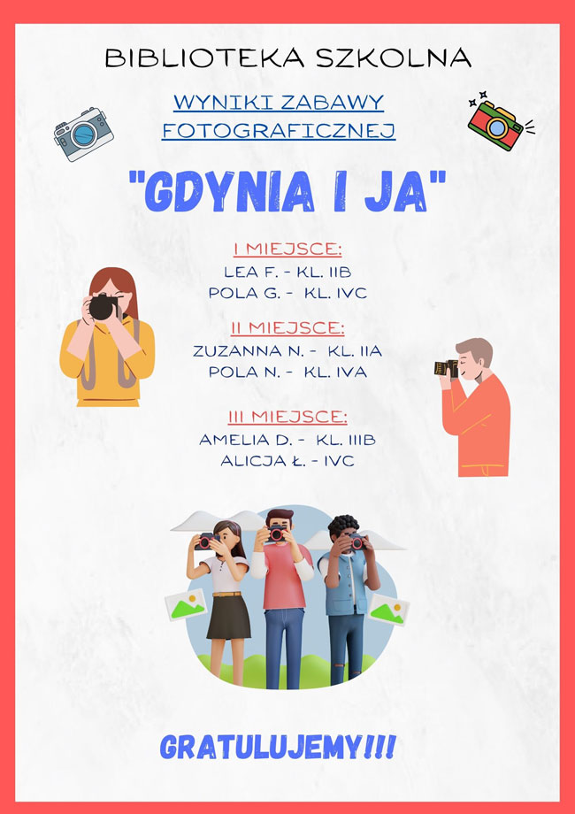 Plakat - czerwona ramka, białe tło, czerwone, niebieskie i czarne litery, grafika: aparaty fotograficzne, ludzie z aparatami fotograficznymi.