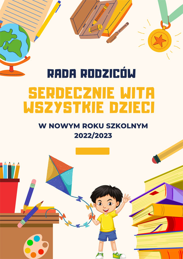 Plakat - białe tło,  czarne i żółte litery, grafiki: globus, książki, piórnik, chłopiec z latawcem.