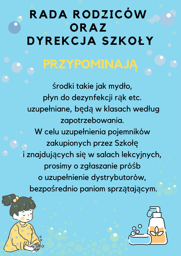 Plakat - niebieskie tło,  czarne i żółte litery, grafiki: dziewczynka, pojemnik na mydło.
