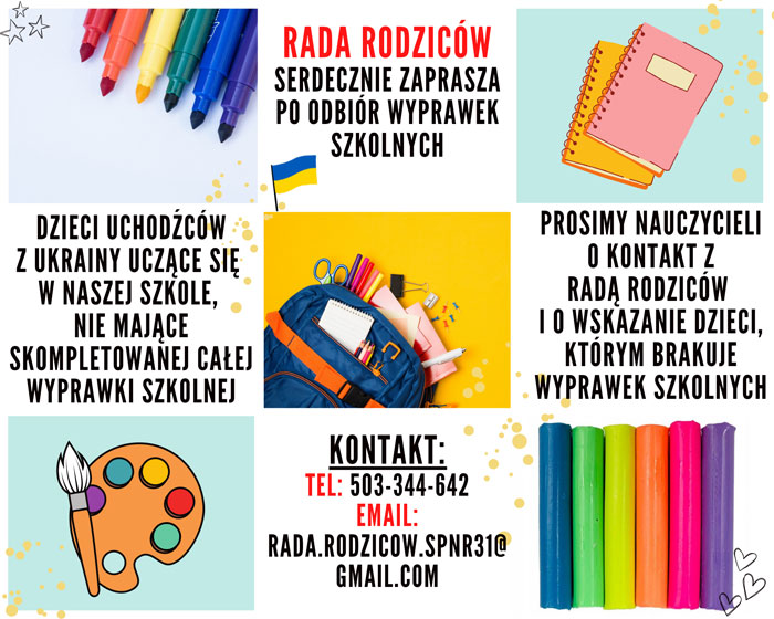 Plakat - białe tło,  czarne i czerwone litery, grafiki: kolorowe flamastry, dwa zeszyty, plecak, farbki i pędzel.