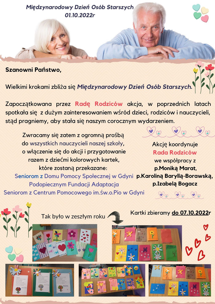 Plakat - beżowe tło, czarne, niebieskie i czerwone litery, grafiki: zdjęcie kobiety i mężczyzny, zdjęcia z kartkami wykonanymi przez uczniów dla seniorów.