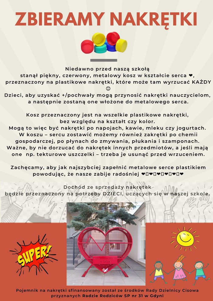 Plakat - beżowe tło, czarne i czerwone napisy, grafiki: zdjęcie nakrętek, dzieci, zdjęcie pojemnika na nakrętki w kształcie serca.