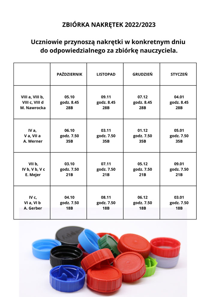 Plakat - białe tło, czarne napisy, zdjęcie nakrętek, tabela z harmonogramem zbiórek nakrętek.