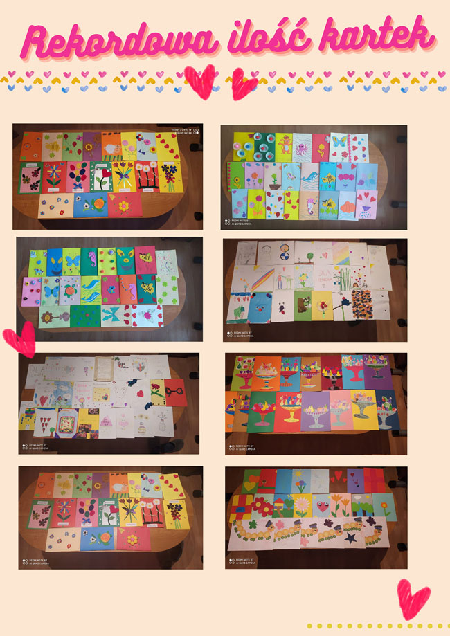 Kolaż zdjęć -  beż0we tło, różowe napisy, kolorowe serduszka, zdjęcia kartek wykonanych przez uczniów dla seniorów.