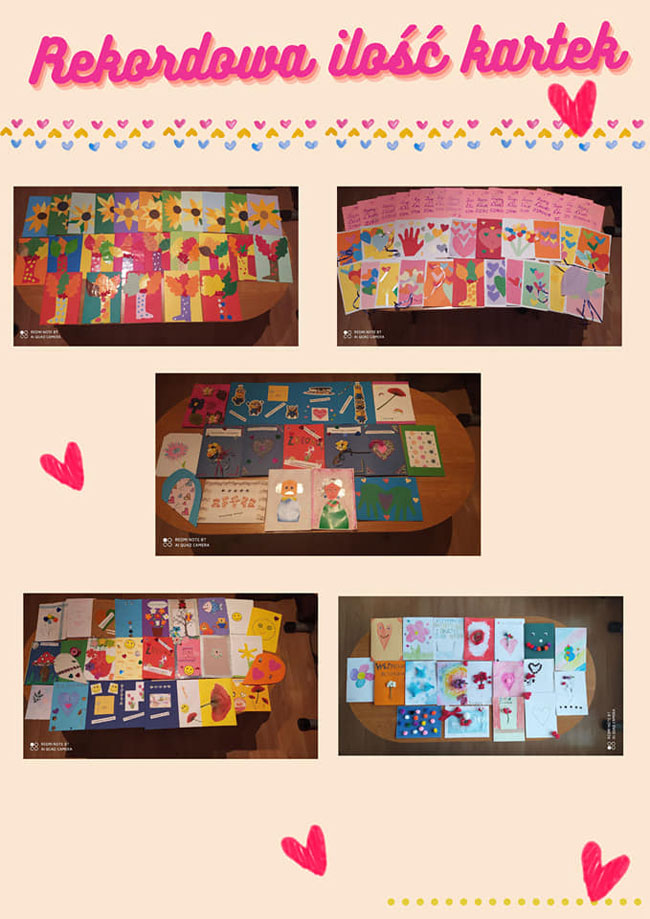 Kolaż zdjęć -  beżowe tło, kolorowe serduszka, różowe napisy, zdjęcia kartek wykonanych przez uczniów dla seniorów.