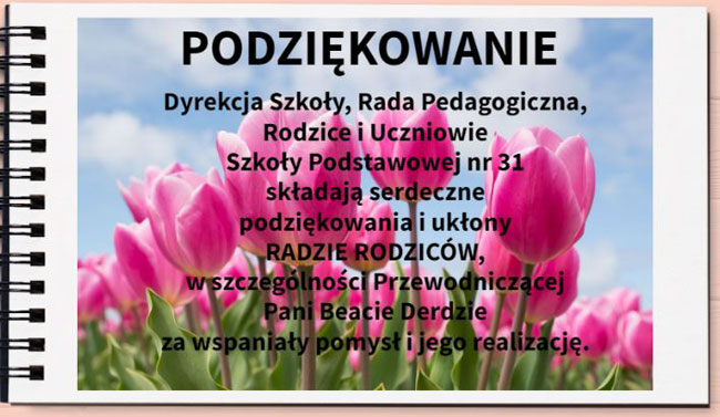 Plakat - białe tło, zdjęcie różowych tulipanów, czarne napisy.