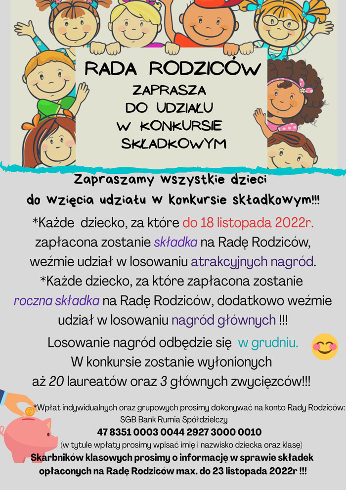 Plakat - szaro-żółte tło, zdjęcie słoneczników, czarne, czerwone, fioletowe i niebieskie napisy, grafiki: świnka skarbonka, słoneczko, twarze dzieci.