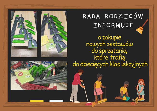 Tablica z czarnym tłem, białe i żółte napisy, grafika: miotła, mężczyzna, trójka dzieci z miotłami.