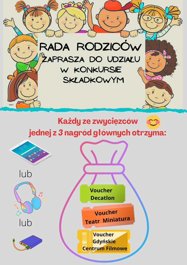 Plakat - beżowe i szare tło, czarne i czerwone napisy, grafika: dzieci, worek, słuchawki, powerbank, tablet.