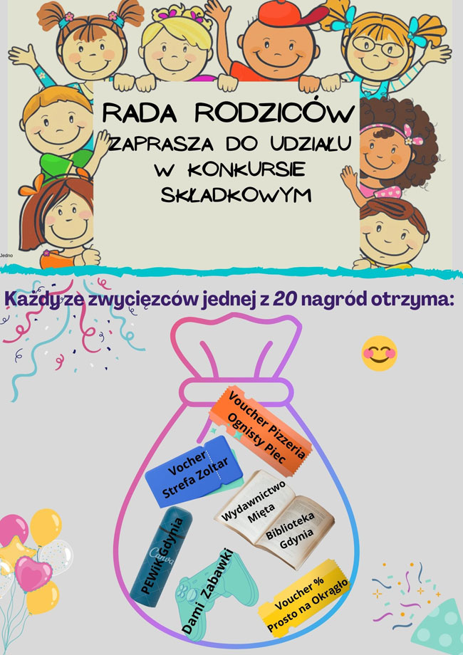 Plakat - beżowe i szare tło, czarne i czerwone napisy,, grafika przedstawiająca dzieci, kolorowe serduszka.