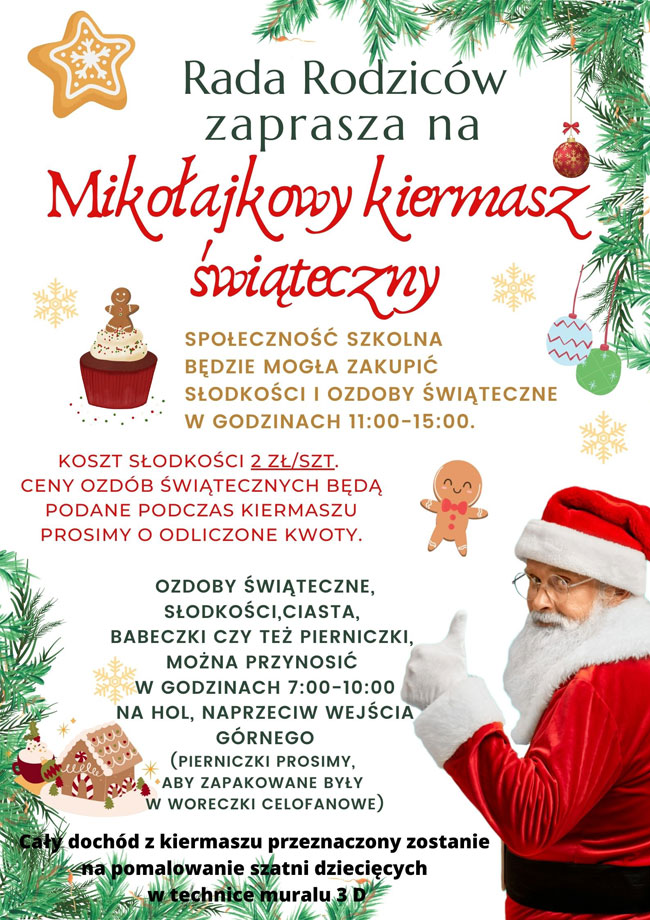 Plakat - białe tło, szare, musztardowe i czerwone napisy, grafika: gałązki świerkowe,mikoła, piernikowy ludzik i domek.