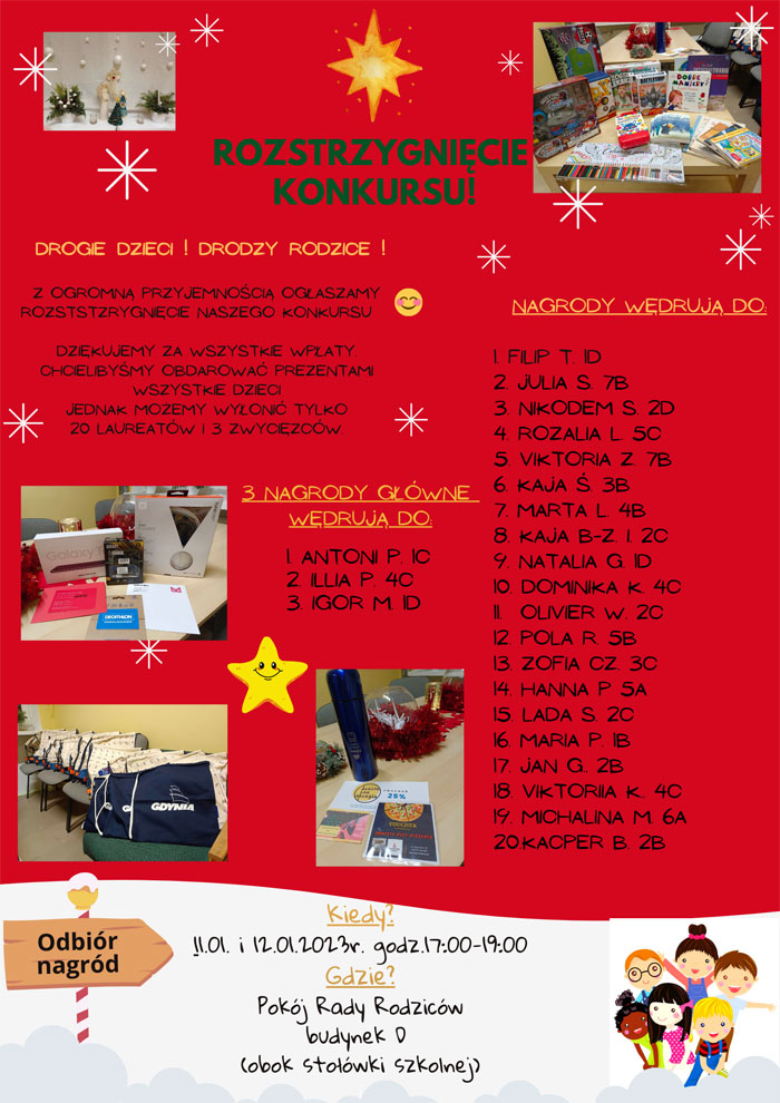 Plakat - czerwone tło, zielone, żółte i czarne napisy, złote gwiazdki, zdjęcia nagród.