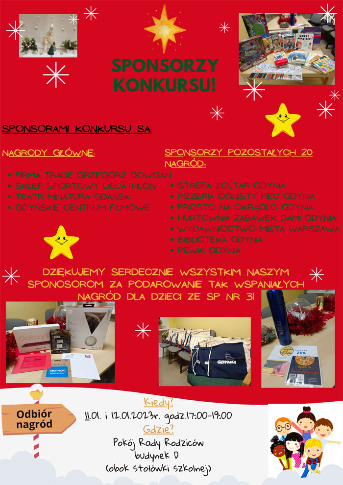 Plakat - czerwone tło, zielone, żółte i czarne napisy, złote i białe gwiazdki, zdjęcia nagród.