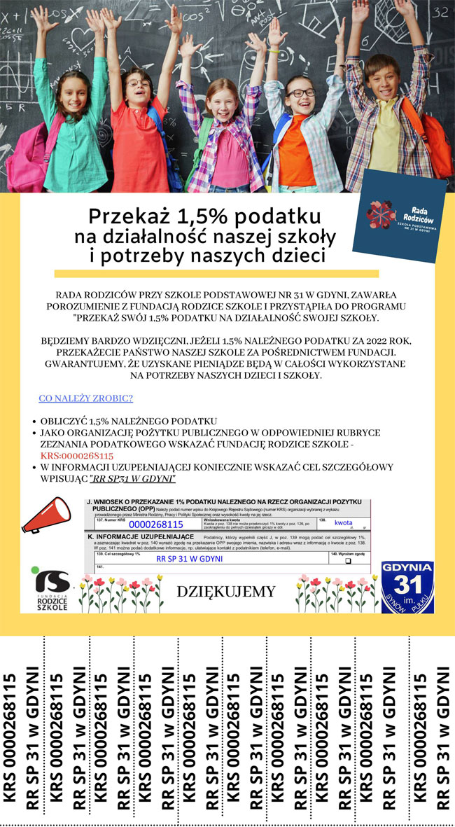 Plakat - żółta ramka, białe tło, niebieskie, czerwone i czarne napisy, zdjęcie dzieci.