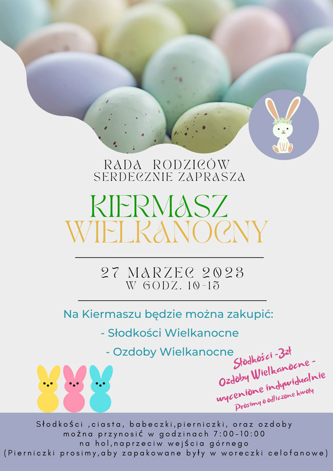 Plakat - białe tło, zielone, żółte, czerwone i czarne napisy, Grafika: kolorowe pisanki, kolorowe zajączki.