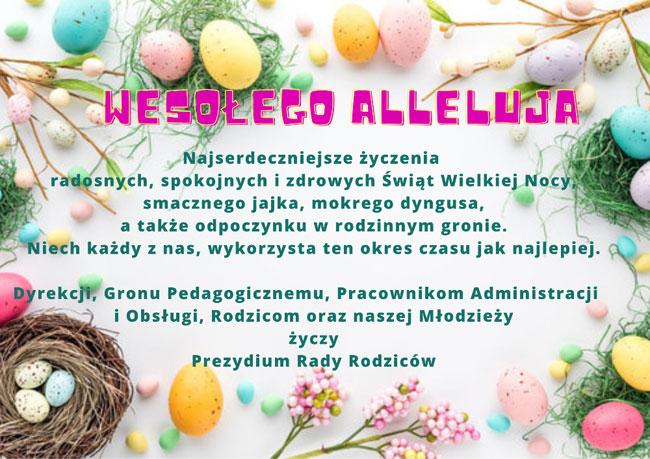 Plakat - jasnoszare tło; fuksjowe i zielone napisy, grafiki: kolorowe pisanki, gałązki.